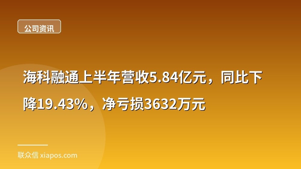 海科融通上半年营收5.84亿元，同比下降19.43%，净亏损3632万元